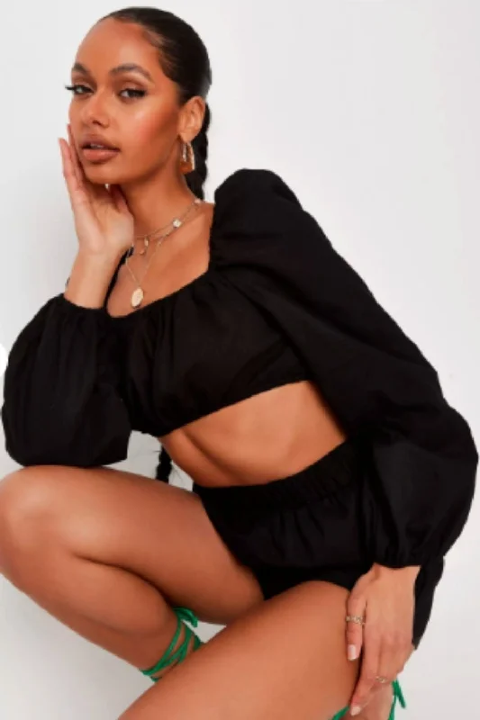 Puff Sleeve Black Crop Top Denim Fabric Leather Fabric Suede Fabric
