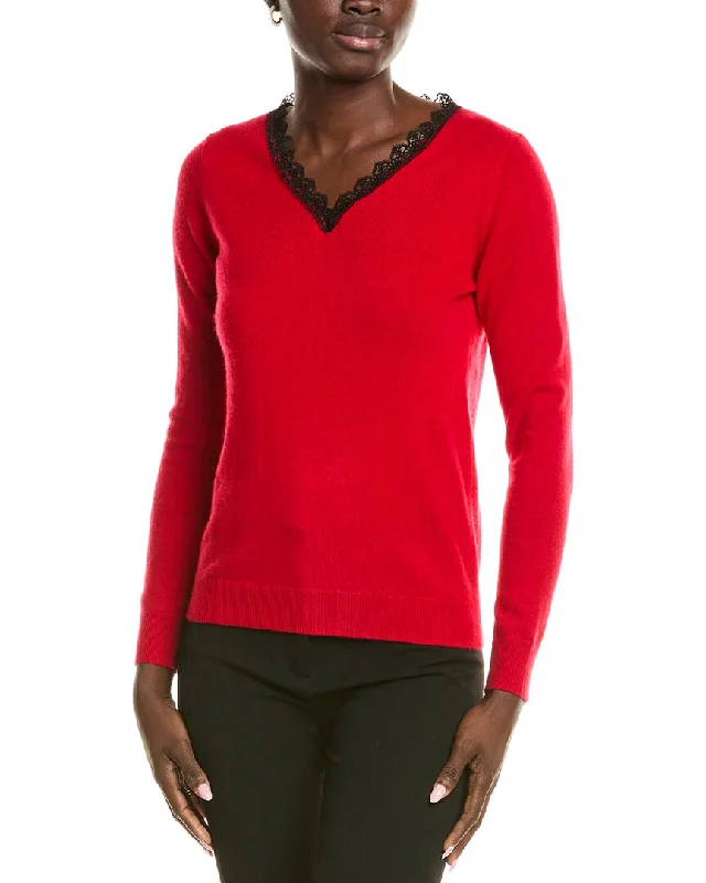 Sofiacashmere Lace Trim Cashmere Sweater Ribbed Striped Patterned