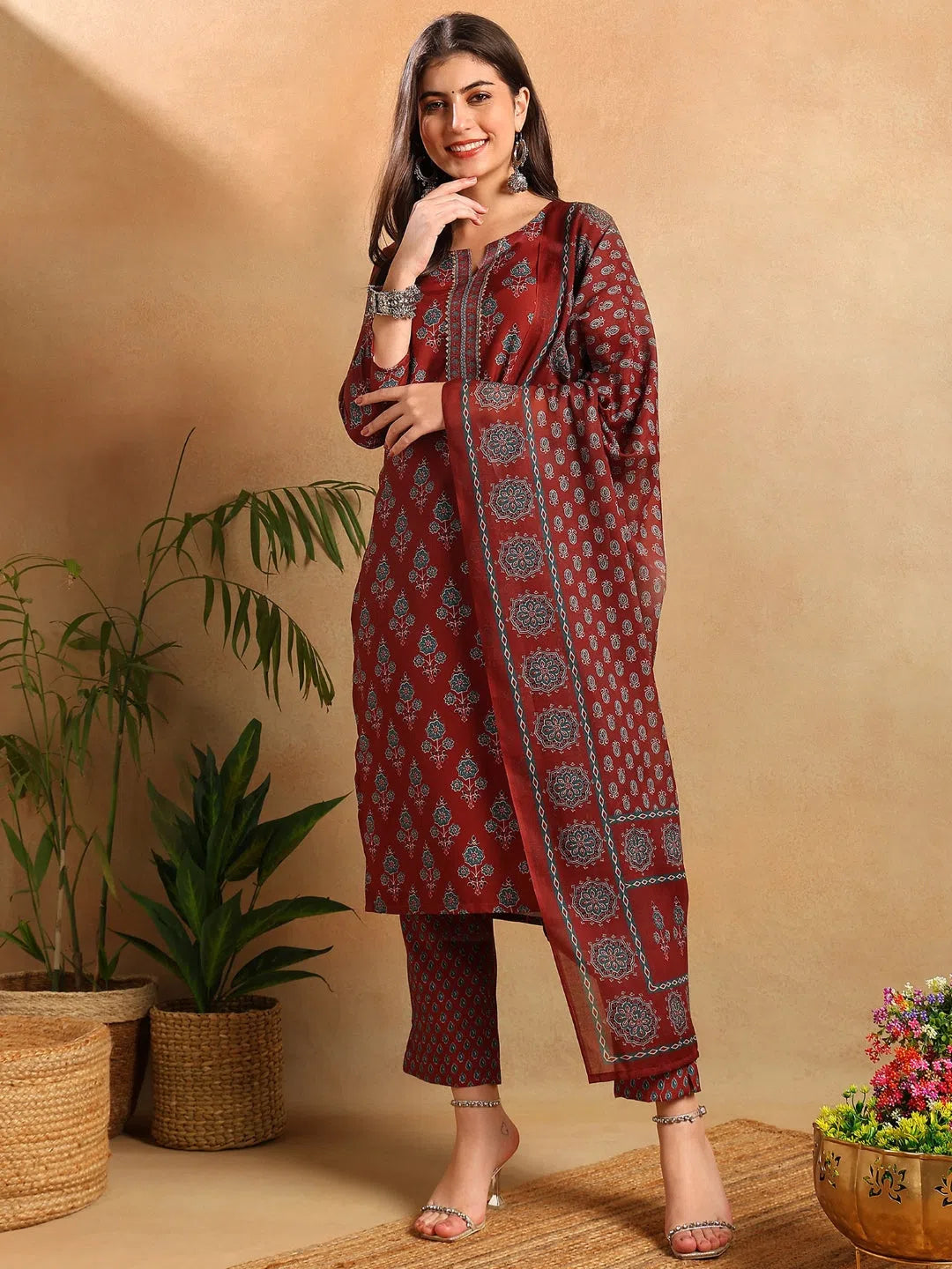 Ahika Women Brown Rayon Blend Floral Printed Straight Kurta Trousers With Dupatta-VKSKD2249 Trousers Polka Dot Cute Ahika Women Brown Rayon Blend Floral Printed Straight Kurta Trousers With Dupatta-VKSKD2249 Trousers Polka Dot Cute