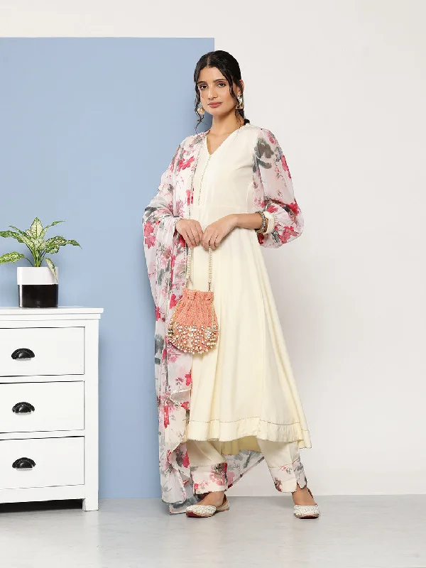 Women's Cream Poly Crepe Kurta Trousers Set With Dupatta - Ahalyaa Trousers Silk Elegant Women's Cream Poly Crepe Kurta Trousers Set With Dupatta - Ahalyaa Trousers Silk Elegant