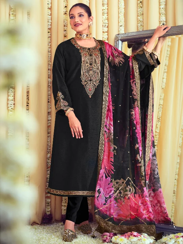 Women's Black Raw Silk Cording With Resham Thread Work Kurta With Trouser & Dupatta - Aastha Fashion Skinny Trousers Denim Stretchy Women's Black Raw Silk Cording With Resham Thread Work Kurta With Trouser & Dupatta - Aastha Fashion Skinny Trousers Denim Stretchy