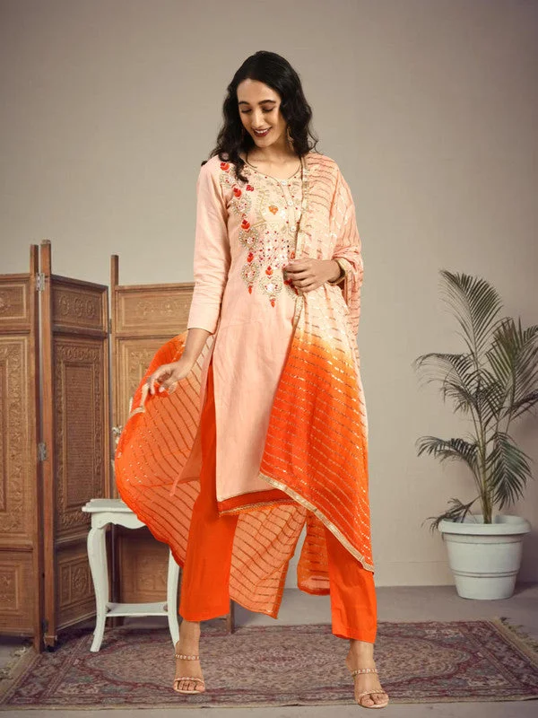 Women's Peach Glass Cotton Embroidered Kurta With Trouser & Dupatta - Aastha Fashion Trousers luxurious premium Women's Peach Glass Cotton Embroidered Kurta With Trouser & Dupatta - Aastha Fashion Trousers luxurious premium