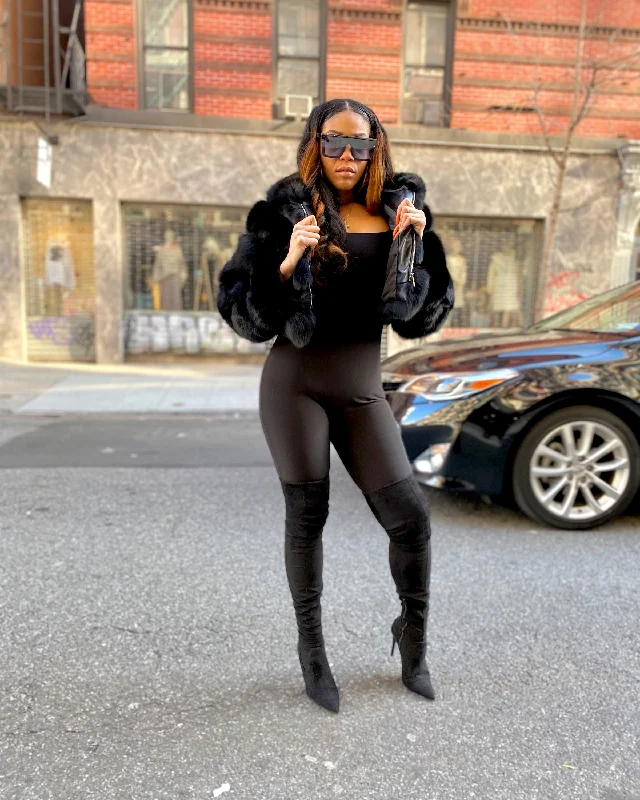 WOMEN CROP TOP-  BLACK FOX FUR WITH HOOD Mesh Blend Leather Blend Suede Blend