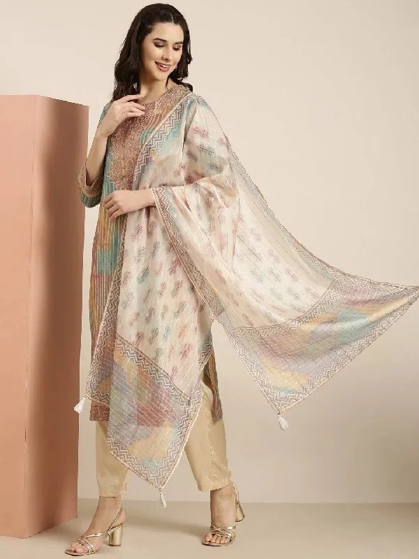 Women Straight Multi Striped Kurta and Trousers Set Comes With Dupatta-GW-4625-Multi Wide Leg Loose Fit Mid Waist Women Straight Multi Striped Kurta and Trousers Set Comes With Dupatta-GW-4625-Multi Wide Leg Loose Fit Mid Waist
