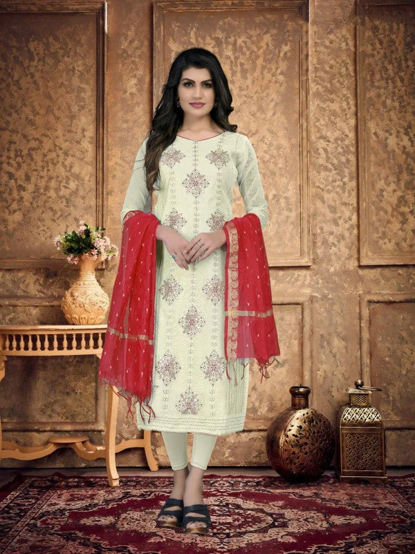 Women's Off White Chanderi Silk Embroidered Kurta With Trouser & Dupatta - Aastha Fashion Trousers chic fashionable Women's Off White Chanderi Silk Embroidered Kurta With Trouser & Dupatta - Aastha Fashion Trousers chic fashionable