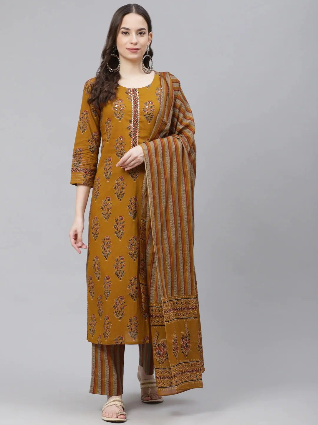 Ahika Women Olive Brown Rust Orange Printed Pure Cotton Kurta With Trousers Dupatta Trousers Seasonal Trendy Ahika Women Olive Brown Rust Orange Printed Pure Cotton Kurta With Trousers Dupatta Trousers Seasonal Trendy