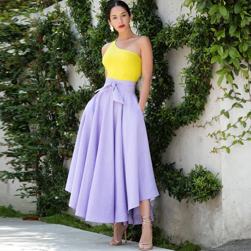 Women Elegant Fashion Casual Defined Waist Solid Color Large Swing Skirt leather skirt sleek