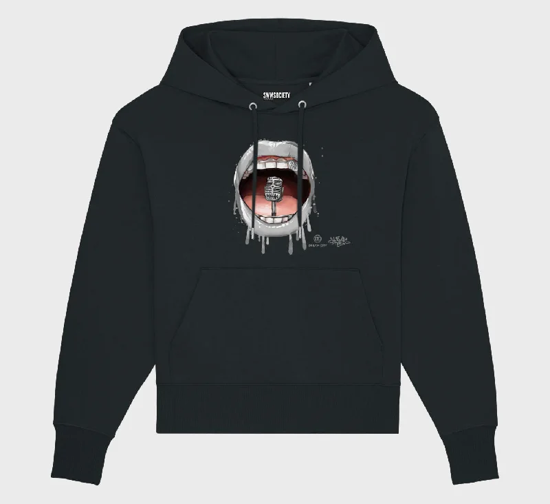 SWMSociety x Dream City x Hear My Voice Hoodie Hoodie with Hem Detail Decorative Unique SWMSociety x Dream City x Hear My Voice Hoodie Hoodie with Hem Detail Decorative Unique