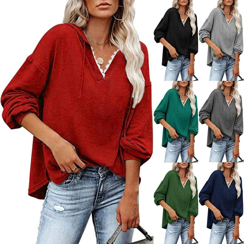 Fall Winter Solid Lace V-Neck Loose Hoodie Hoodie with Hem Drawcord Adjustable Customizable Fall Winter Solid Lace V-Neck Loose Hoodie Hoodie with Hem Drawcord Adjustable Customizable