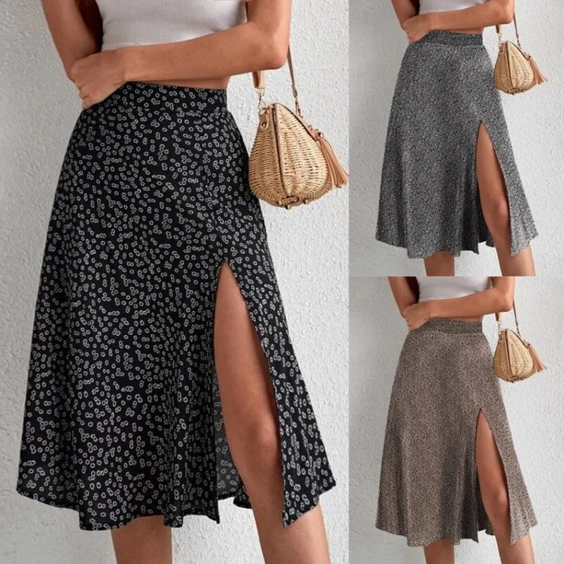 Women'S Fashion Tiny Flower Printing Slit Irregular Skirt satin skirt smooth