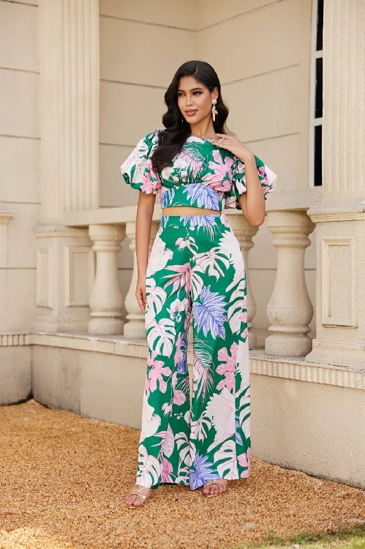 GREEN FLORAL BALLON SHORT SLEEVES CROP TOP AND WIDE FLARE LEG PANTS SET CS33230 Hooded Caped Shawl Collar GREEN FLORAL BALLON SHORT SLEEVES CROP TOP AND WIDE FLARE LEG PANTS SET CS33230 Hooded Caped Shawl Collar