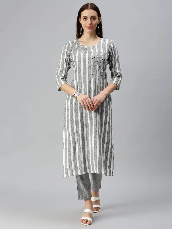 Women Straight White Striped Kurta and Trousers-SKC3170-White-Grey Trousers Top Rated Women Straight White Striped Kurta and Trousers-SKC3170-White-Grey Trousers Top Rated
