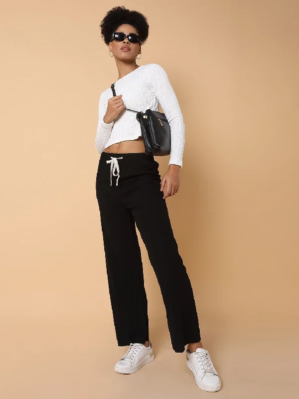 Women Flat Front Solid Black Trousers-8627-Black Trousers Chinos Classic