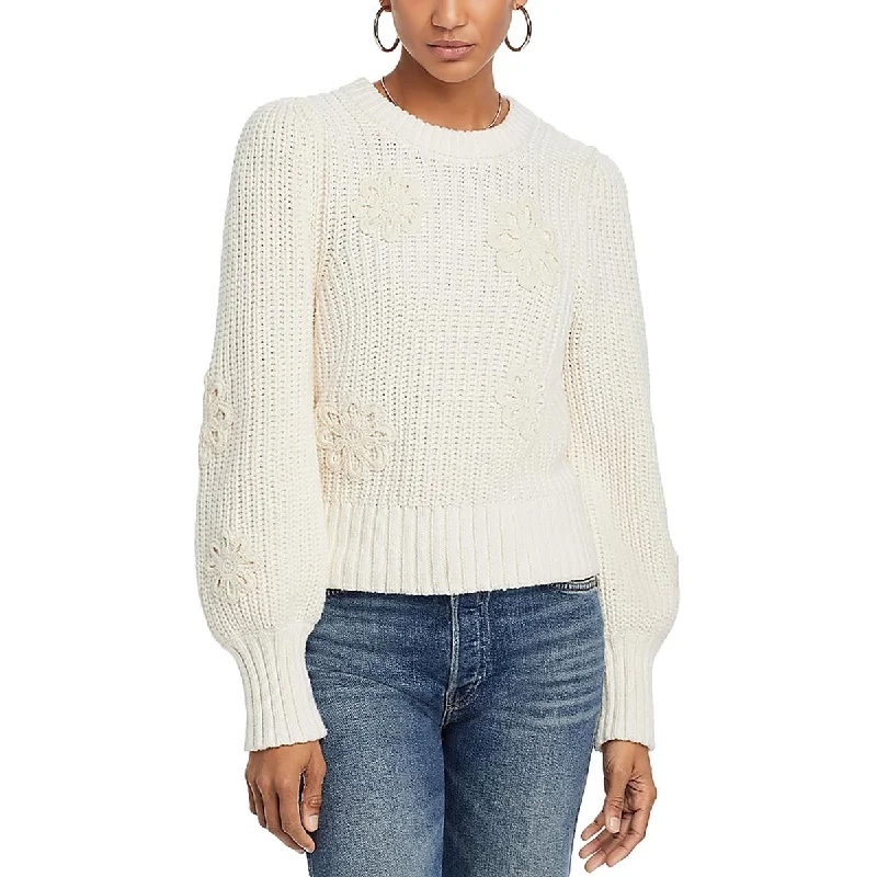 Romy Womens Crochet Cable Knit Crewneck Sweater Stylish Fashionable Trendy