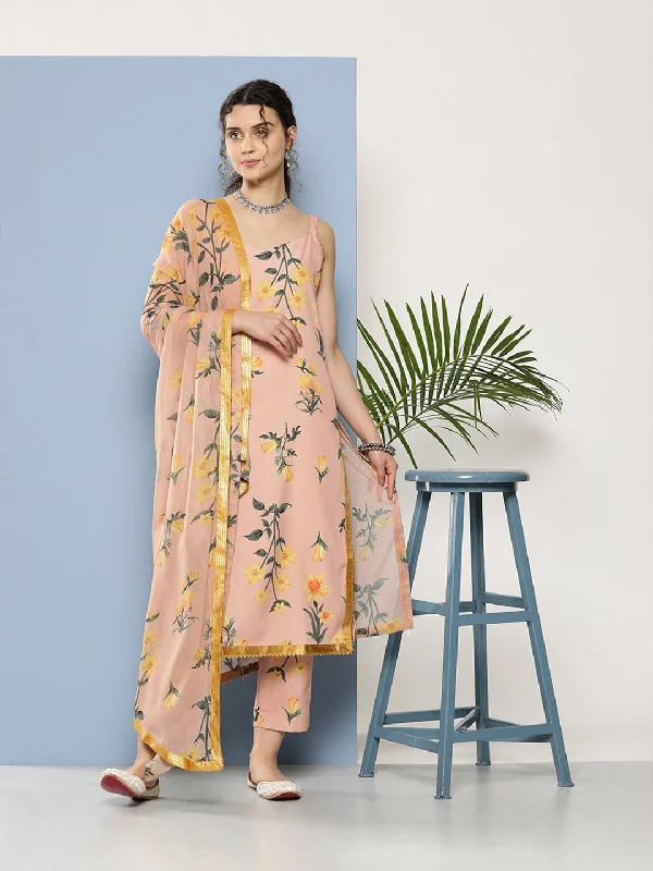 Women's Nude Poly Crepe Kurta Trousers Set With Dupatta - Ahalyaa Trousers stylish modern Women's Nude Poly Crepe Kurta Trousers Set With Dupatta - Ahalyaa Trousers stylish modern