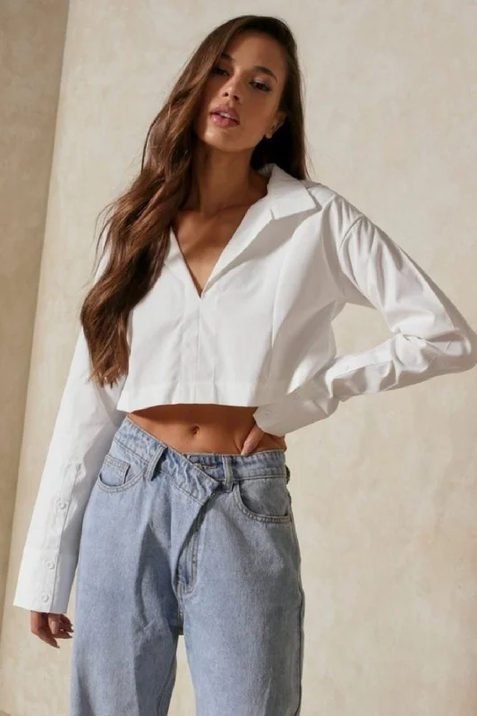 Full Sleeves Boxy White Crop Top Ribbed Striped Patterned
