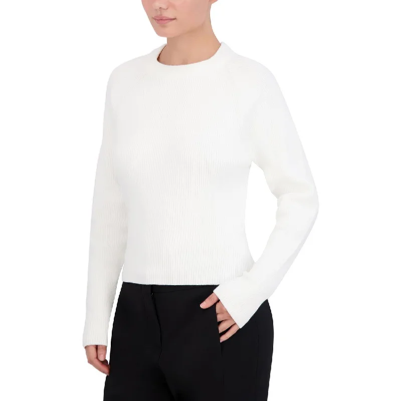 Womens Ribbed Long Sleeve Crewneck Sweater Herringbone Houndstooth Plaid