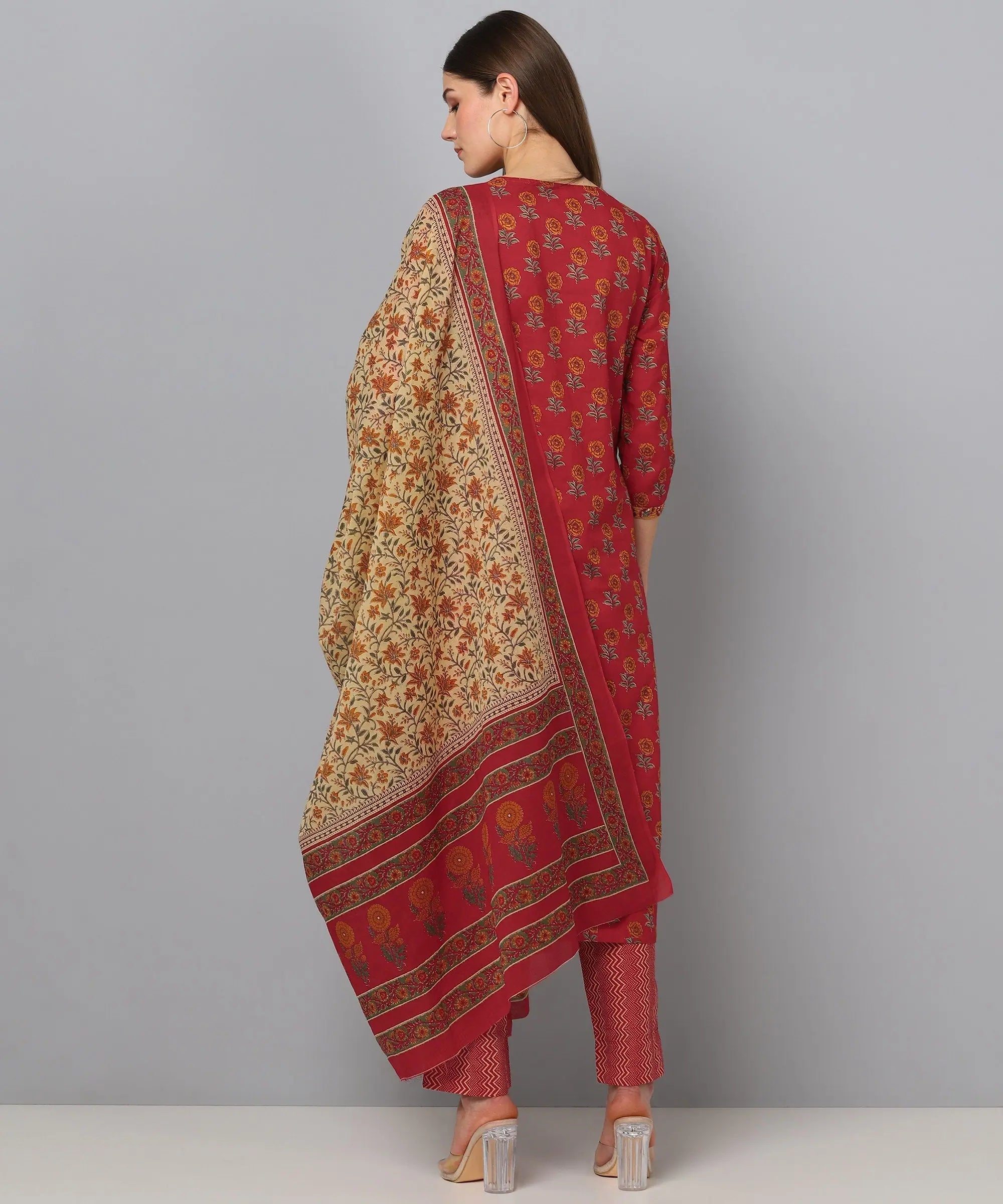 Ahika Women Maroon Brown Printed Kurta With Trousers Dupatta Trousers New Arrival