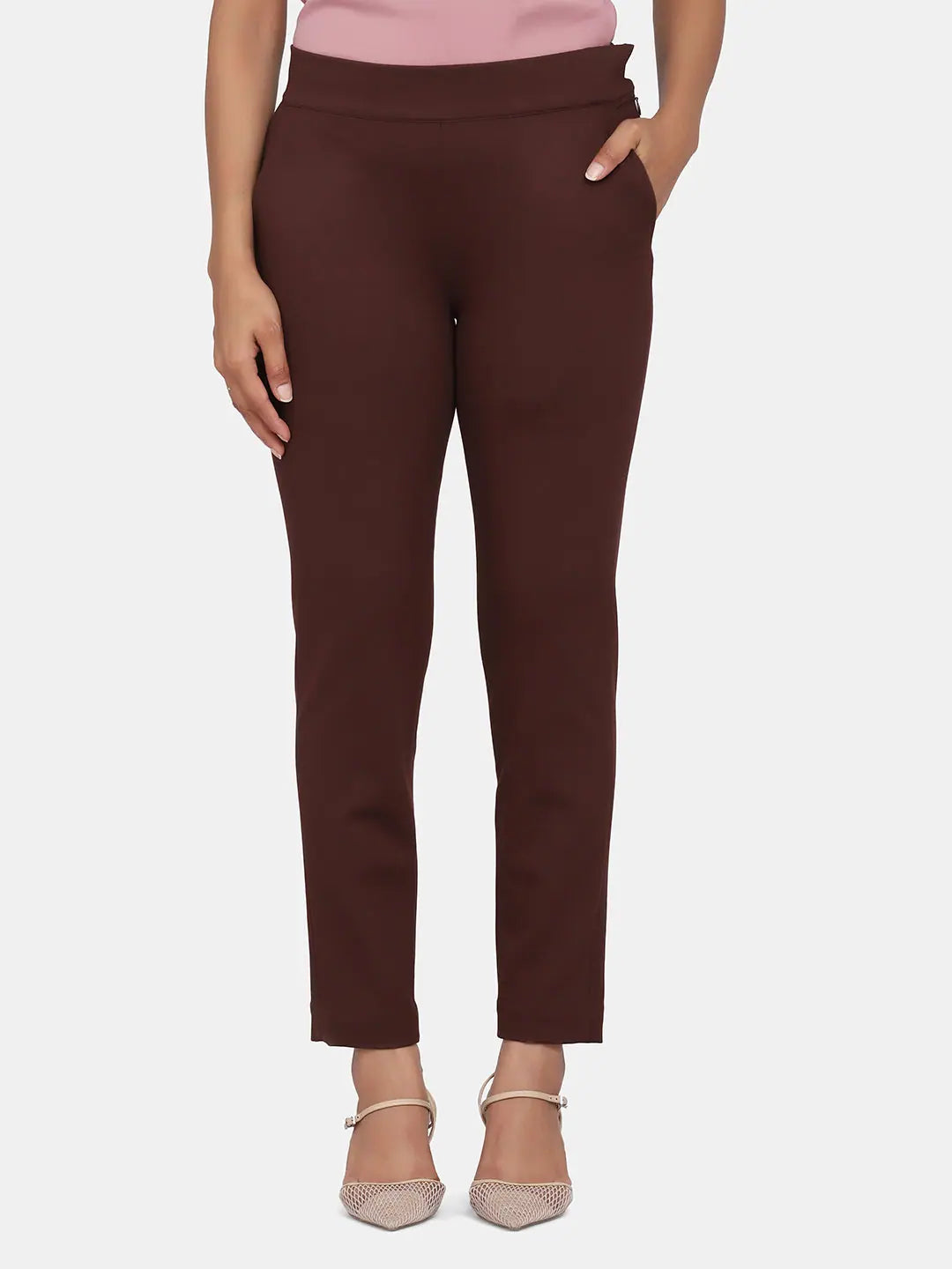 Slim-Fit Stretch Trousers For Women- Chocolate Brown Trousers stylish elegant
