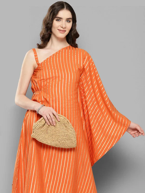 Women's Striped One-Shoulder Flared Sleeve Fusion Kurta With Trousers - Ahalyaa Trousers Bestseller Popular