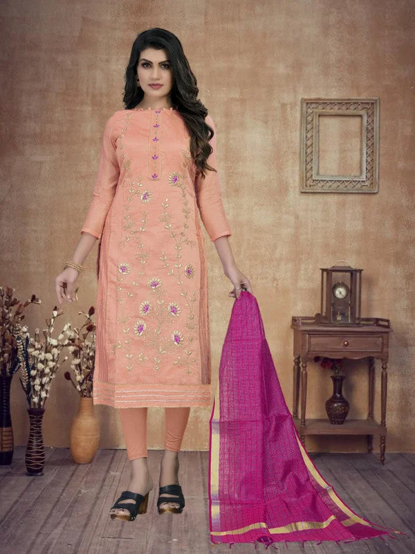 Women's Peach Chanderi Silk Embroidered Kurta With Trouser & Dupatta - Aastha Fashion Trousers Timeless Classic Women's Peach Chanderi Silk Embroidered Kurta With Trouser & Dupatta - Aastha Fashion Trousers Timeless Classic