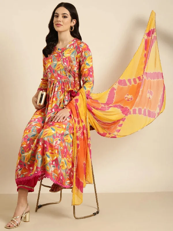 Women Anarkali Pink Floral Kurta and Trousers Set Comes With Dupatta-DK-3520-Pink Trousers sophisticated sleek Women Anarkali Pink Floral Kurta and Trousers Set Comes With Dupatta-DK-3520-Pink Trousers sophisticated sleek