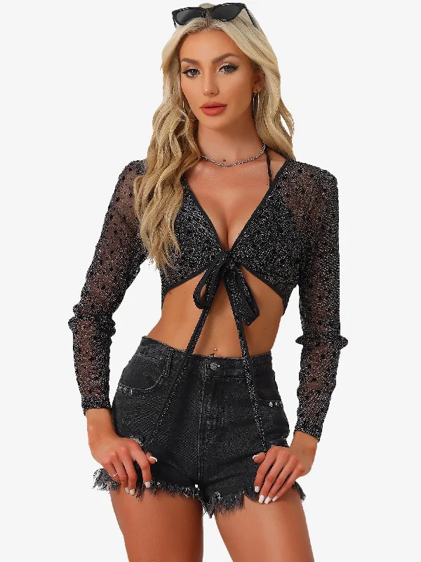 Star Printed Cross V Neck Sheer Blouse Glitter Crop Top Layered Multi-layer Single Layer Star Printed Cross V Neck Sheer Blouse Glitter Crop Top Layered Multi-layer Single Layer