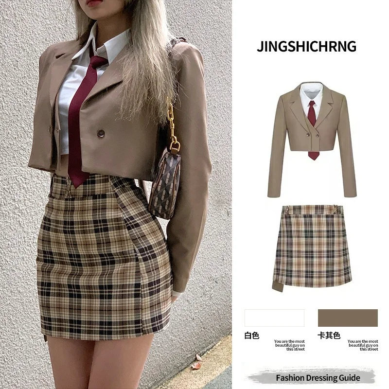 Advbridge -  Tweed Skirt Sets Ladies Korean Short Jacket Blazer Spring New Preppy College Style Hot Girls Wear Two Piece Skirts Women's Suits Faux Fur Jacket Real Fur Jacket Shearling Jacket