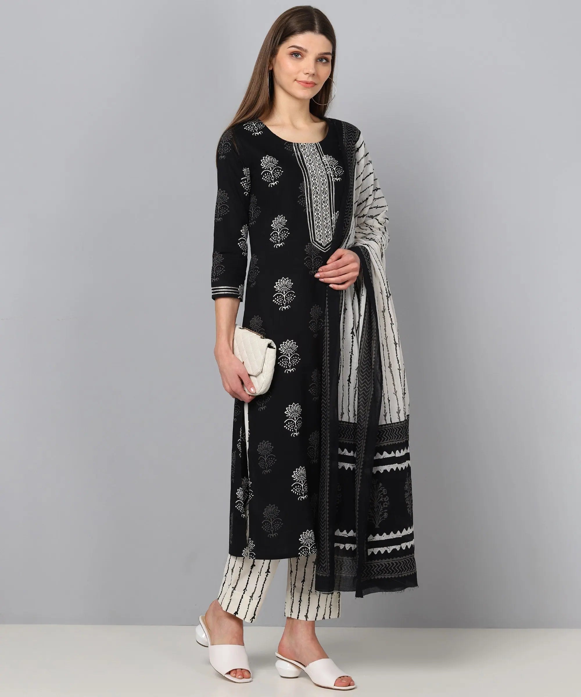Ahika Women Black White Printed Kurta With Trousers Dupatta Trousers Bestseller Popular Ahika Women Black White Printed Kurta With Trousers Dupatta Trousers Bestseller Popular