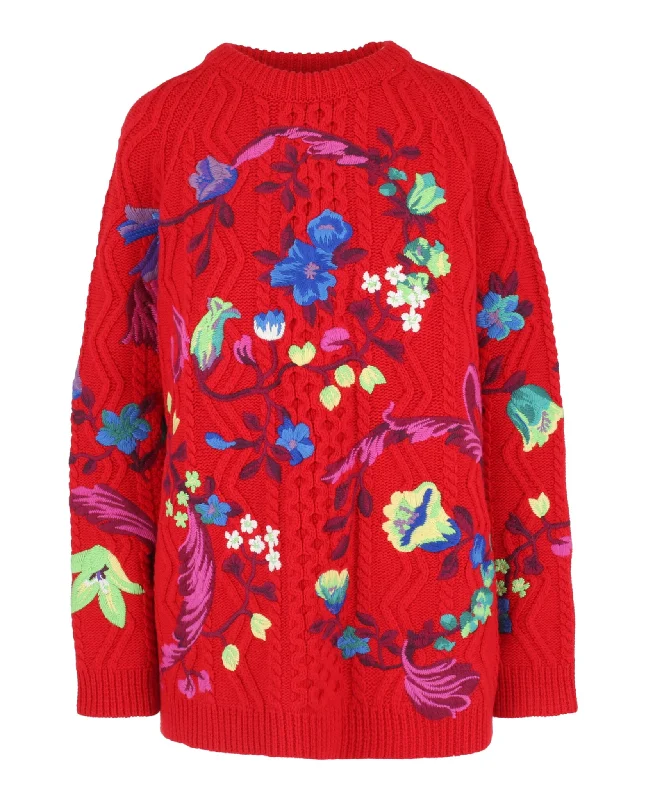 Versace Womens Floral Embroidered Cable Knit Sweater Layered Multi-layer Single Layer