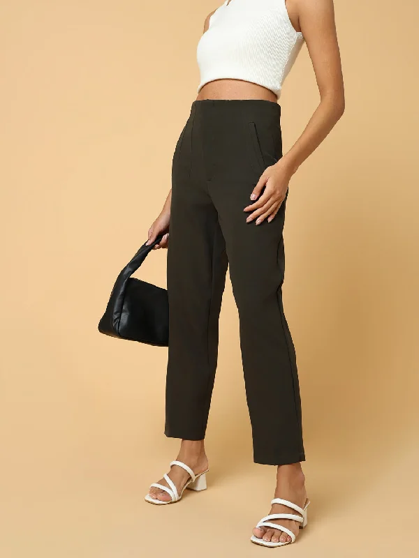 Women Solid Olive Formal Trouser-AE-10908-Olive Trousers Pleated Formal