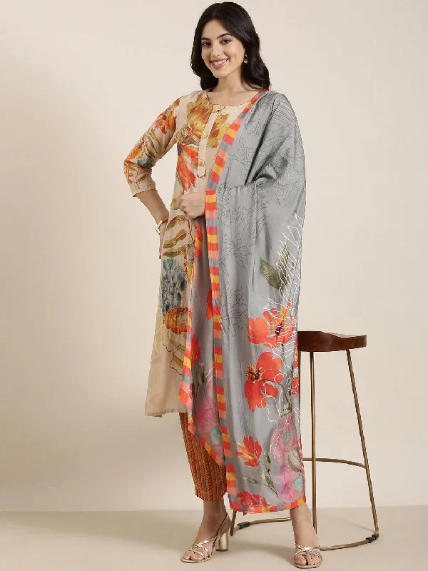 Women Straight Beige Floral Kurta and Trousers Set Comes With Dupatta-UB-2876-Beige High Waist Slim Fit Ankle Length Women Straight Beige Floral Kurta and Trousers Set Comes With Dupatta-UB-2876-Beige High Waist Slim Fit Ankle Length