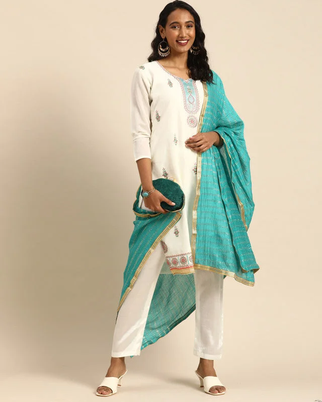 Women's White Chanderi Silk Embroidered Kurta With Trouser & Dupatta - Aastha Fashion Trousers fashionable chic Women's White Chanderi Silk Embroidered Kurta With Trouser & Dupatta - Aastha Fashion Trousers fashionable chic
