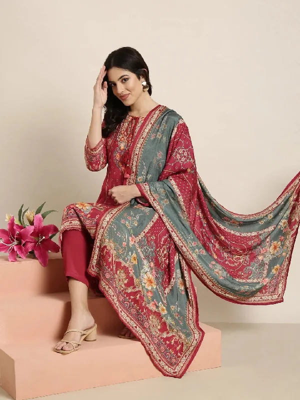 Women Straight Pink Floral Kurta and Trousers Set Comes With Dupatta-BC-SK-1956-Pink Trousers cozy soft Women Straight Pink Floral Kurta and Trousers Set Comes With Dupatta-BC-SK-1956-Pink Trousers cozy soft