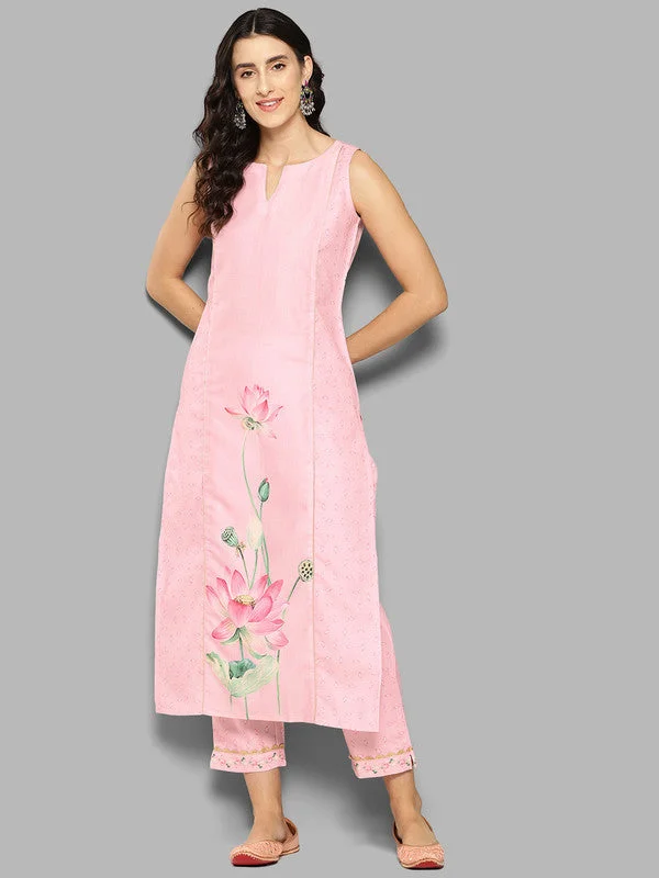 Women's Floral Printed Panelled Gotta Patti Kurta With Trousers - Ahalyaa Trousers Culottes Wide Leg Women's Floral Printed Panelled Gotta Patti Kurta With Trousers - Ahalyaa Trousers Culottes Wide Leg