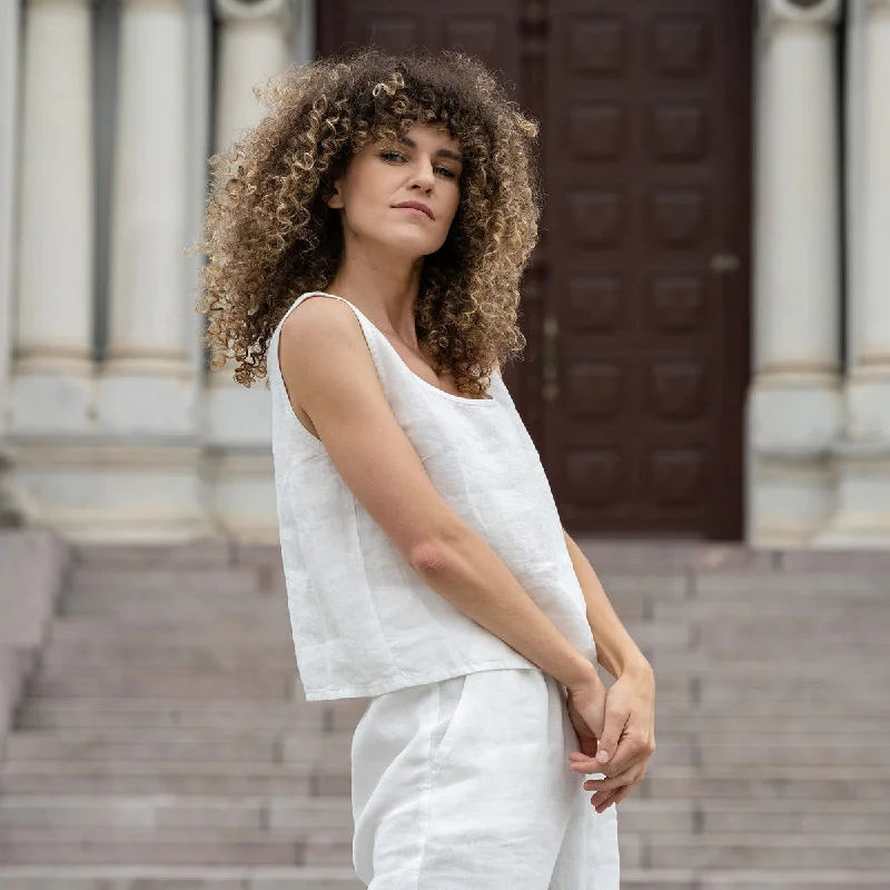 Linen Crop Top Ana Pure White Striped Floral Plaid