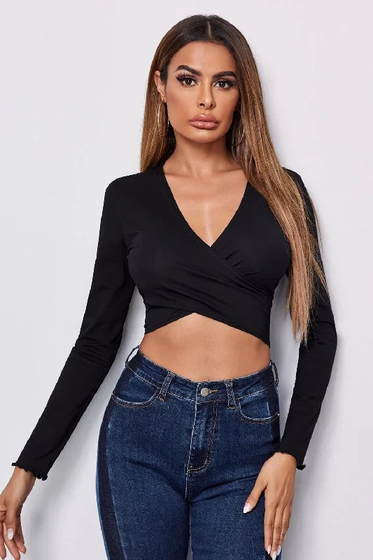 Wrap Front Crop Top Black Wool Fabric Cashmere Fabric Tweed Fabric