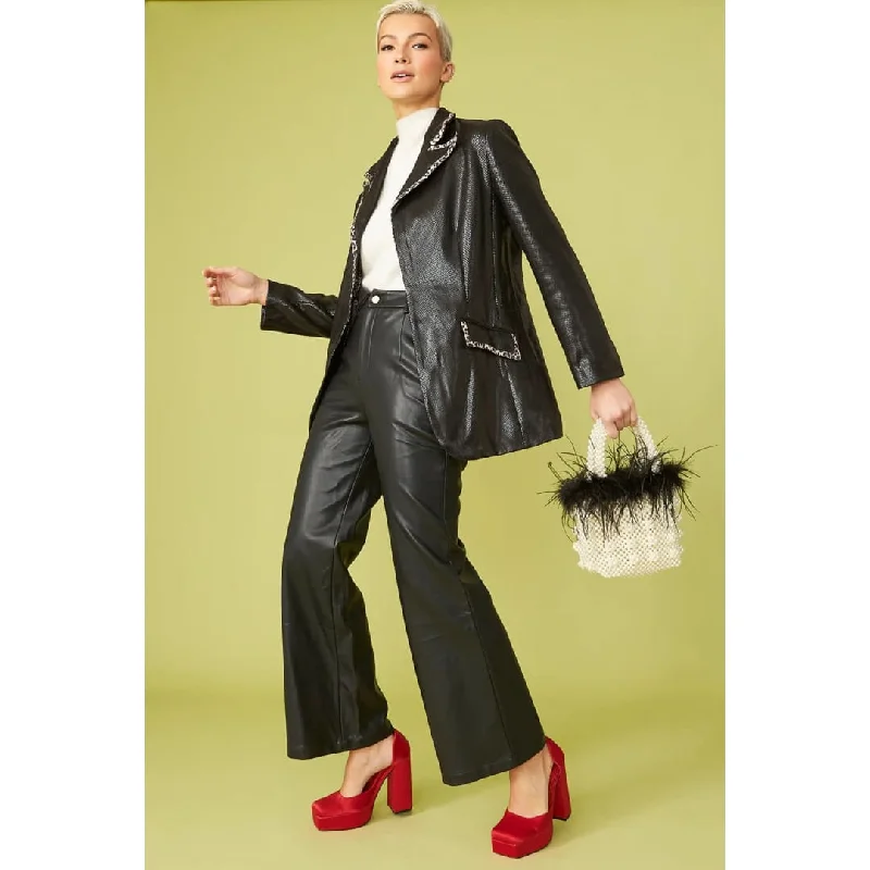 Black Tencel Blend Eco Leather Trousers Trousers Striped Patterned