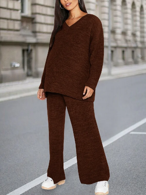 V-neck Long-sleeved Top Trousers Knitted Maternity Suit Trousers Denim Blue