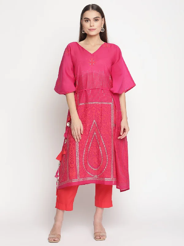 Women's Pink Chanderi Orange Khari Print Kaftan With Trouser- Ahalyaa Trousers Seasonal Trendy Women's Pink Chanderi Orange Khari Print Kaftan With Trouser- Ahalyaa Trousers Seasonal Trendy