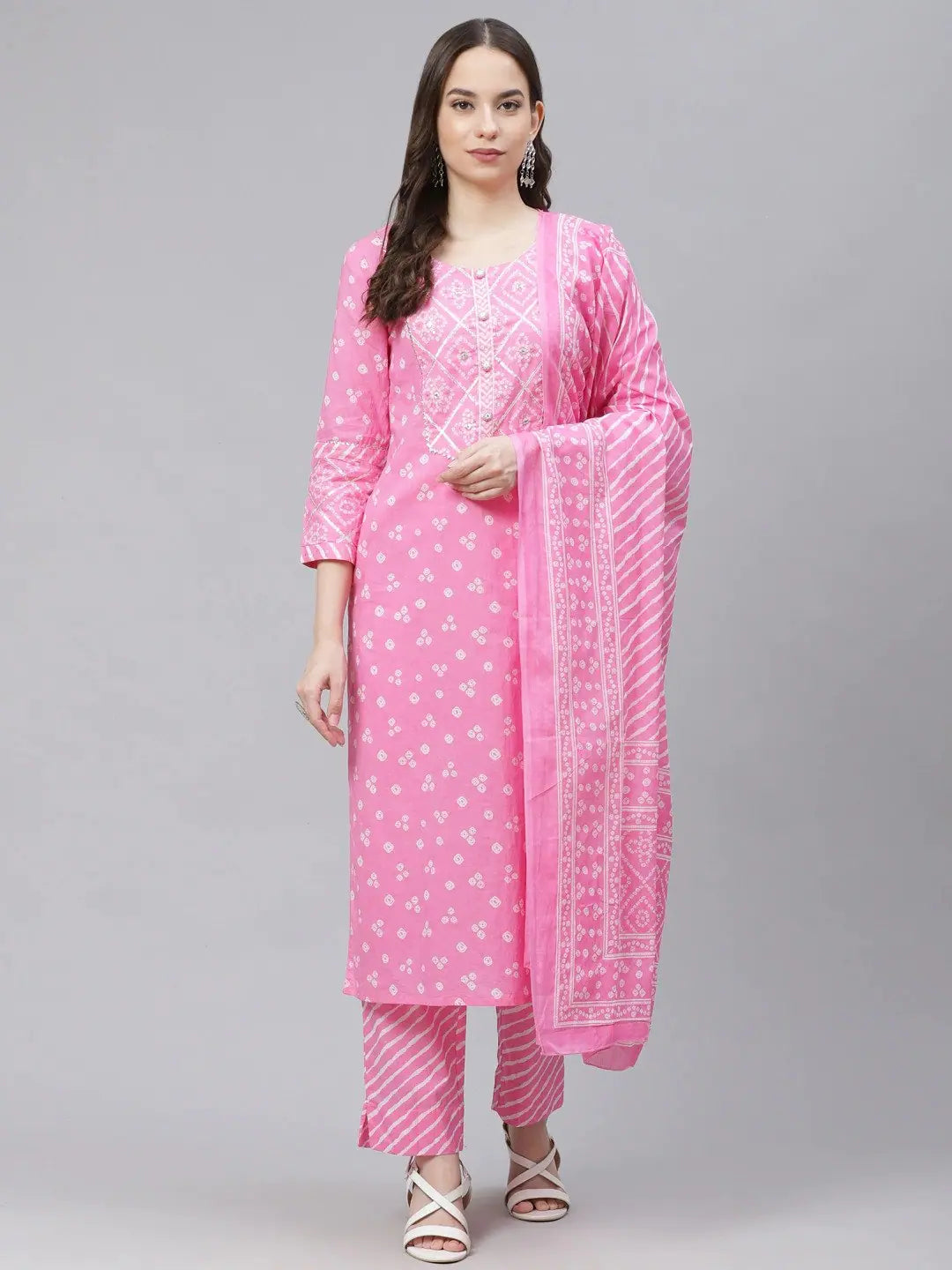Ahika Women Pink White Bandhani Print Pure Cotton Kurta With Trousers Dupatta Trousers Vintage Classic Ahika Women Pink White Bandhani Print Pure Cotton Kurta With Trousers Dupatta Trousers Vintage Classic