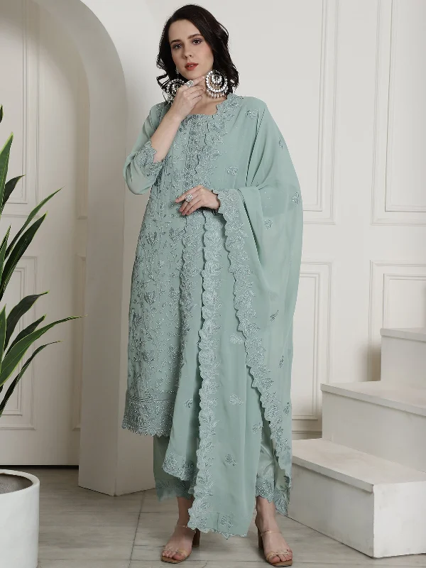 Women's Green Georgette Floral Resham Thread With Cording & Crystal Work Kurta With Trouser & Dupatta - Aastha Fashion Trousers Tapered Slim Fit