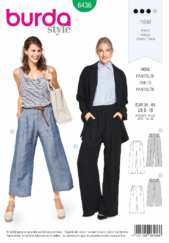 Burda Pattern 6436 Misses' Wide Leg Trousers (8-18) Trousers Solid Black