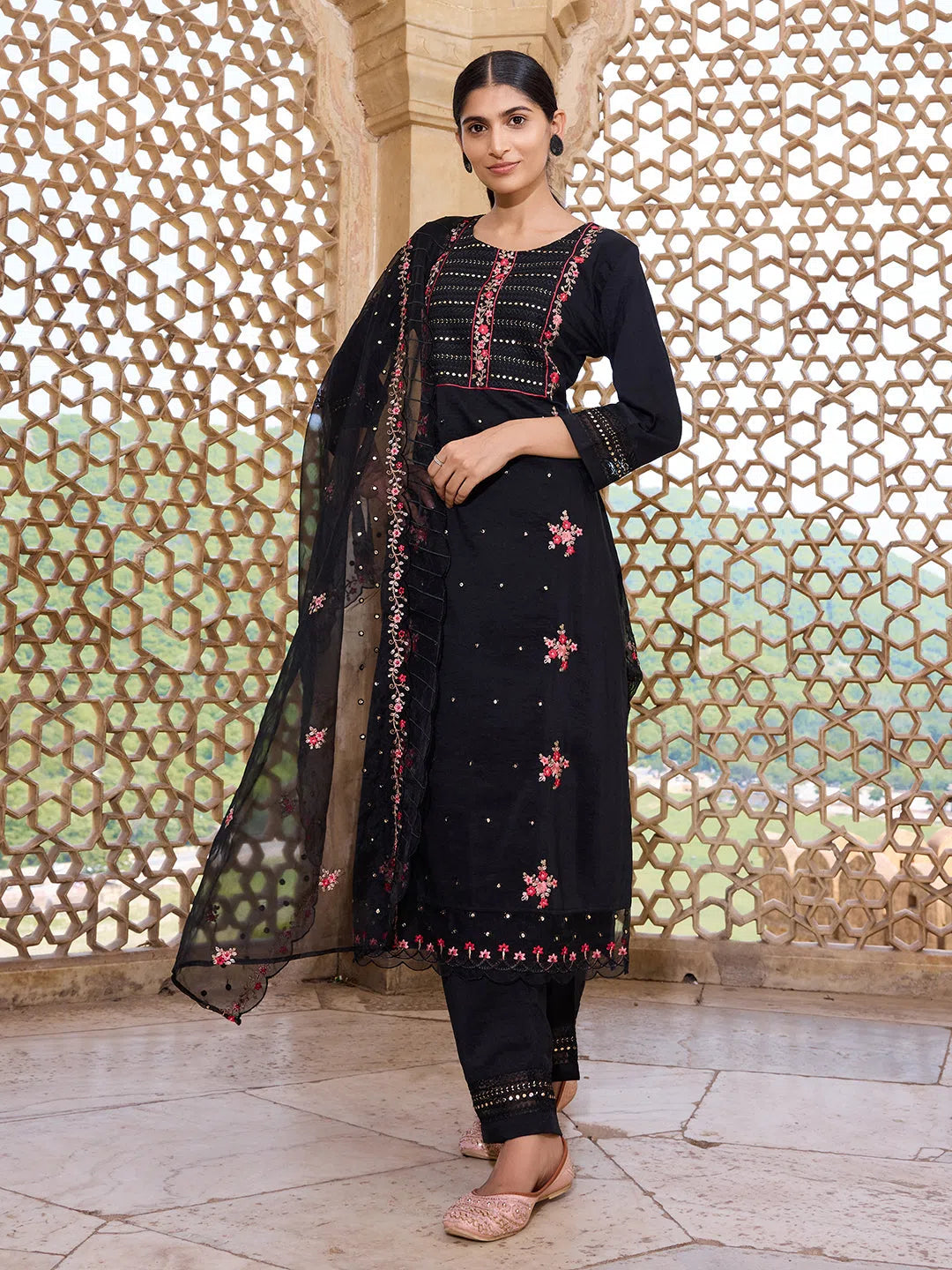 Ahika Women Black Silk Blend Solid Embroidered Straight Kurta Trouser With Dupatta-PKSKD2630 Trousers Print Floral Ahika Women Black Silk Blend Solid Embroidered Straight Kurta Trouser With Dupatta-PKSKD2630 Trousers Print Floral