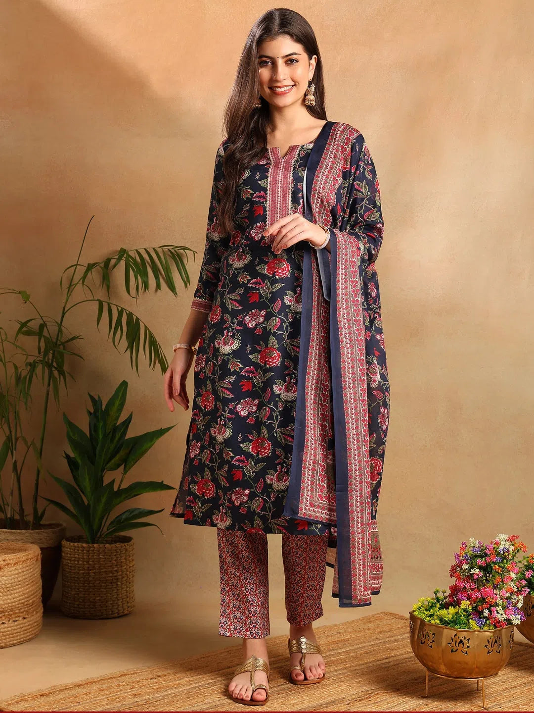 Ahika Women Navy Blue Rayon Blend Floral Printed Straight Kurta Trousers With Dupatta-VKSKD2255 Trousers Velvet Soft Ahika Women Navy Blue Rayon Blend Floral Printed Straight Kurta Trousers With Dupatta-VKSKD2255 Trousers Velvet Soft