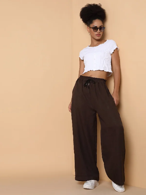Women Flat Front Solid Brown Trousers-AE-10315-Brown Trousers Leisure Comfortable