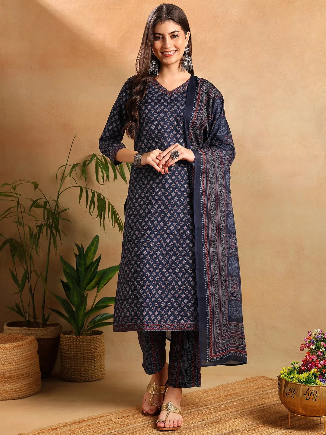 Ahika Women Navy Blue Poly Rayon Ajrakh Printed Straight Kurta Trousers With Dupatta-PKSKD2647 Trousers Striped Patterned Ahika Women Navy Blue Poly Rayon Ajrakh Printed Straight Kurta Trousers With Dupatta-PKSKD2647 Trousers Striped Patterned