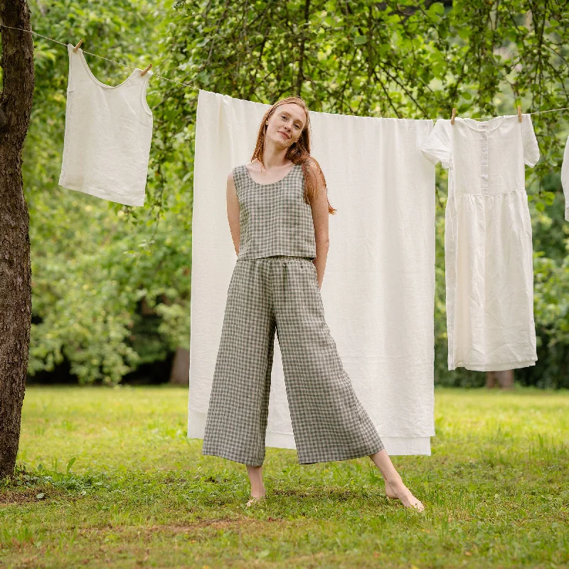Green Gingham Crop Top & Culottes 2-Piece Polka Dot Checkered Tartan