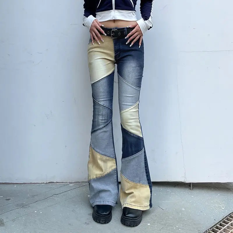 TAVIMART - Flare Jeans Contrast Patchwork Low Waist Women'S High Street Vintage Y2K Skinny Blue Denim Trouser Harajuku Outfits Trousers High Rise Slim Fit TAVIMART - Flare Jeans Contrast Patchwork Low Waist Women'S High Street Vintage Y2K Skinny Blue Denim Trouser Harajuku Outfits Trousers High Rise Slim Fit