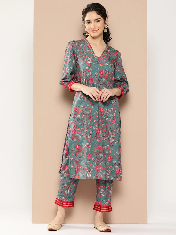Women's Floral Printed Regular Gotta Patti Kurta With Trousers - Ahalyaa Trousers stylish elegant Women's Floral Printed Regular Gotta Patti Kurta With Trousers - Ahalyaa Trousers stylish elegant